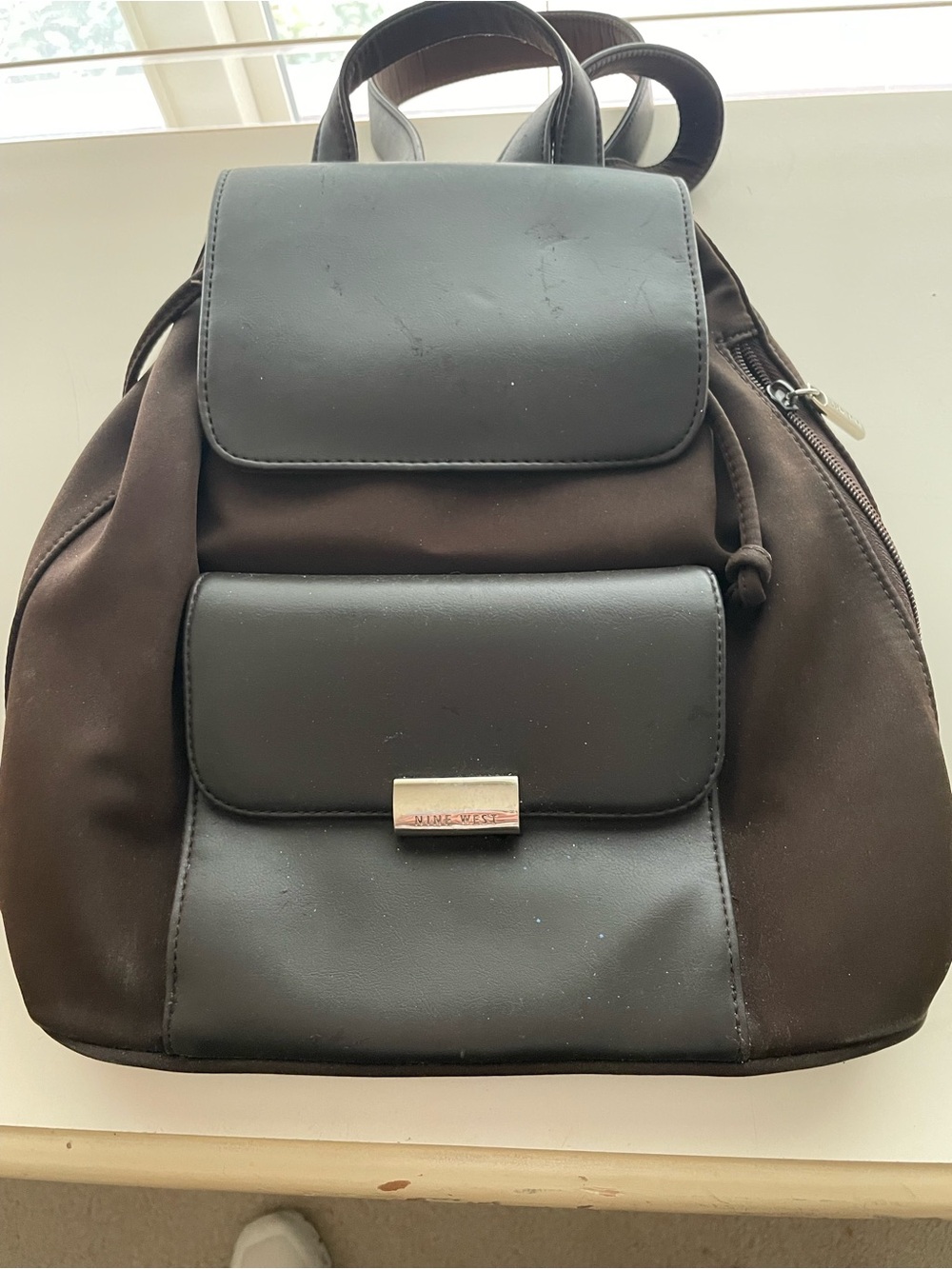 Nine West Dark Brown Microfiber and Faux-Leather & Backpack Purse